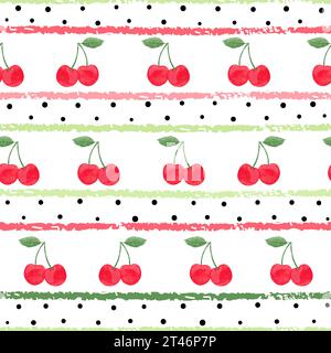 Seamless cherry pattern. Vector striped background with berries Stock Vector