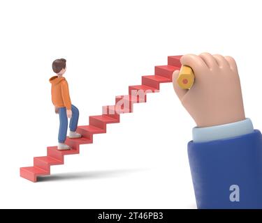 3D illustration of male guy Qadir is climbing career ladder. Human hand drawing stairs close up. Concept of business development. 3D rendering on whit Stock Photo