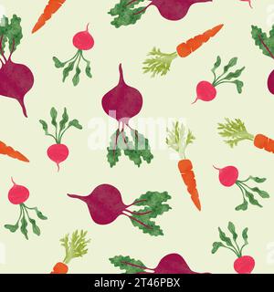 Seamless watercolor root vegetables pattern with carrot, beet and radish. Vector background Stock Vector