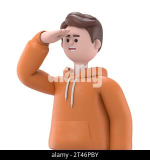 3D illustration of male guy Qadir standing holding hand at forehead looking far away distance.3D rendering on white background. Stock Photo