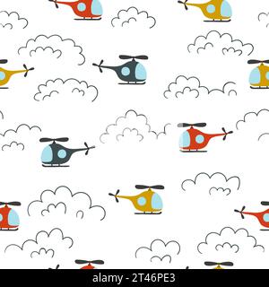 Seamless pattern with colorful helicopters and clouds for kids Stock Vector