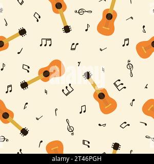 Seamless guitar pattern. Vector music illustration with musical instruments and notes Stock Vector