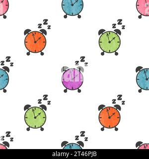 Seamless colorful alarm clock pattern. Vector print, kids design Stock Vector