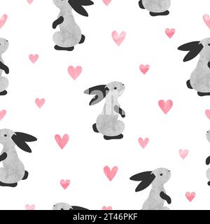 Seamless Easter pattern with cute bunny and hearts. Vector rabbits illustration Stock Vector