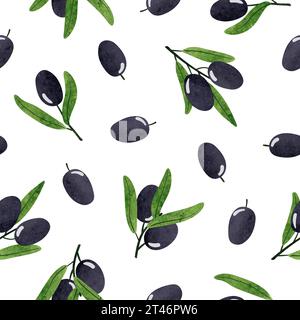 Seamless olives pattern. Vector watercolor olive branches background Stock Vector