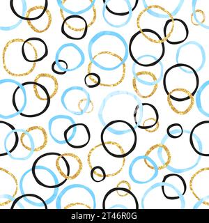 Seamless blue and golden circles pattern. Vector abstract  rings background with round shapes Stock Vector