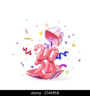 3D Open Gift Box with Sign 2024 and Confetti Stock Vector