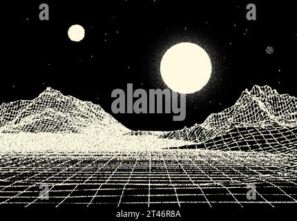 Retro dotwork landscape with 80s styled sun, grid mountains and stars background from old sci-fi book or poster. Stock Vector