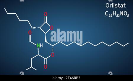 Orlistat molecule. It is lipase inhibitor used in the treatment of obesity. Structural chemical formula on the dark blue background. Stock Vector