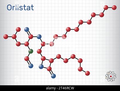 Orlistat molecule. It is lipase inhibitor used in the treatment of obesity. Molecule model. Sheet of paper in a cage Stock Vector