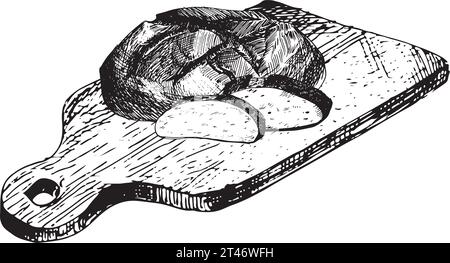 Vector graphic illustration of bread with sliced pieces on wooden cutting board. Black and white sketch on a white background. Suitable for logo Stock Vector
