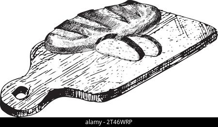 Vector graphic illustration of bread with sliced pieces on wooden cutting board. Black and white sketch on a white background. Suitable for logo Stock Vector