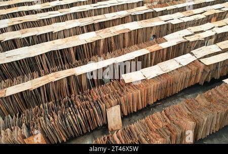 NEIJIANG, CHINA - OCTOBER 28, 2023 - An aerial photo shows a worker drying thin wood chips at a wood processing plant in Neijiang City, Sichuan Provin Stock Photo