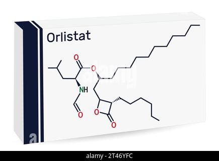 Orlistat molecule. It is lipase inhibitor used in the treatment of obesity. Skeletal chemical formula. Paper packaging for drugs. Stock Vector