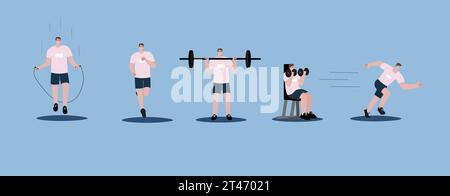 Different physical activities, do sports set. Man doing sports. Stock Vector