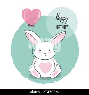 Cute little bunny with balloon. Happy Birthday card design Stock Vector