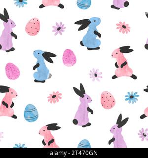 Seamless Easter pattern with cute colorful bunnies and eggs. Vector watercolor illustration Stock Vector