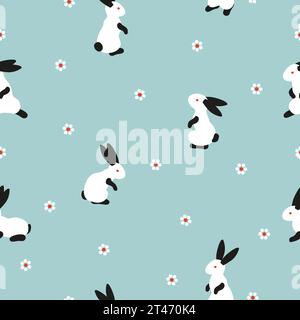 Seamless Easter pattern with cute bunny and flowers. Vector rabbit illustration Stock Vector