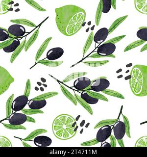 Seamless olive and lime pattern. Vector watercolor food illustration Stock Vector