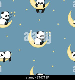 Seamless baby pattern with cute panda bear on the moon. Childish print, vector illustration Stock Vector