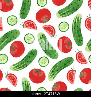 Tomato and cucumber seamless pattern. Vector watercolor vegetables background Stock Vector