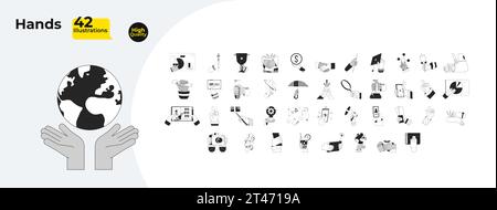 Hands doing different things cartoon human hands outline illustration bundle Stock Vector
