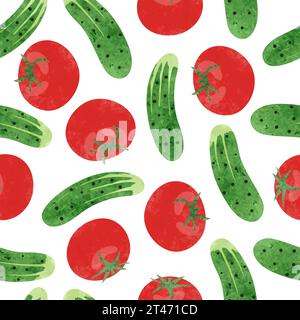 Seamless tomato and cucumber pattern. Vector watercolor vegetables background Stock Vector