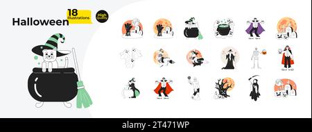 Halloween traditional black and white cartoon flat illustration bundle Stock Vector