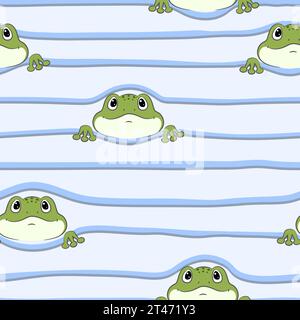 Seamless striped pattern with cute cartoon frogs. Vector illustration for kids Stock Vector