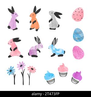 Easter set with colorful rabbits, eggs and flowers. Vector watercolor illustration Stock Vector