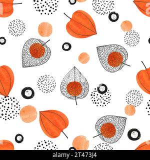 Abstract physalis pattern with flowers and berries. Seamless winter cherry texture Stock Vector