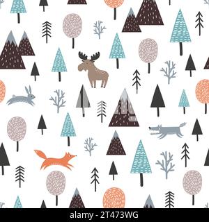 Seamless Scandinavian pattern with cute animals and trees. Vector forest background Stock Vector
