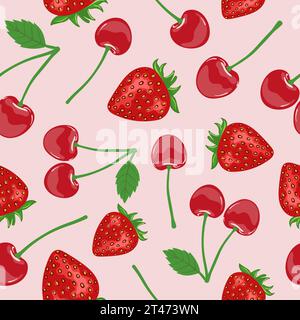 Berry pattern. Seamless strawberry and cherry background with red berries. Textile, fabric print Stock Vector