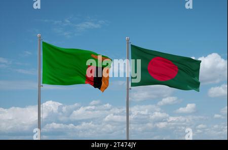 Zambia and Bangladesh flags waving together in the wind on blue cloudy ...