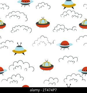 Seamless cartoon UFO pattern. Vector illustration for kids Stock Vector