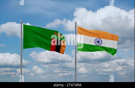 Zambia and India flags waving together in the wind on blue cloudy sky ...