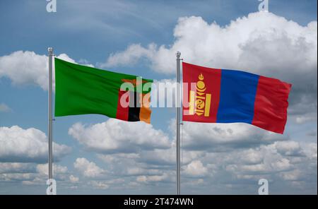 Zambia and Mongolia flags waving together in the wind on blue cloudy ...