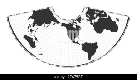 Vector world map. Albers conic equal-area projection. Plain world geographical map with latitude and longitude lines. Centered to 120deg E longitude. Stock Vector