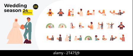 Wedding day bride and groom cartoon flat illustration bundle Stock Vector