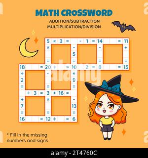 Math Crossword puzzle for kids. Addition, subtraction, multiplication and division Stock Vector