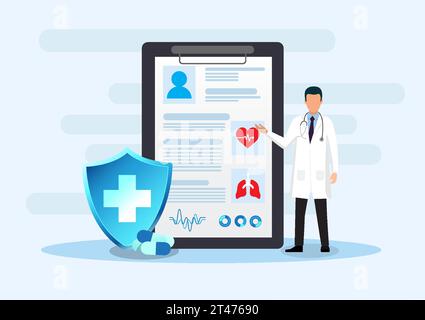 Healthcare technology, doctor standing explaining treatment On the back is an information sheet along with the pills. It refers to doctors who quickly Stock Vector