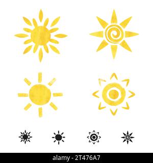 Set of watercolor sun icons. Collection of sun symbols. Vector illustration Stock Vector