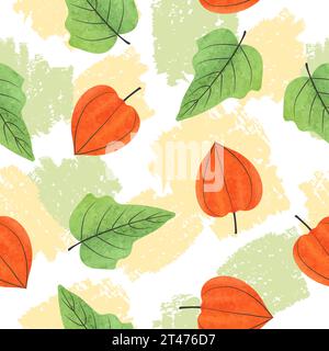 Physalis flowers and leaves seamless pattern. Winter Cherry watercolor vector illustration Stock Vector