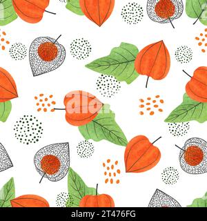 Seamless Physalis flowers, leaves and berries pattern. Winter Cherry watercolor texture Stock Vector