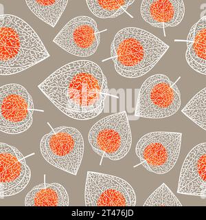 Winter cherry with berry seamless pattern. Physalis vector illustration Stock Vector