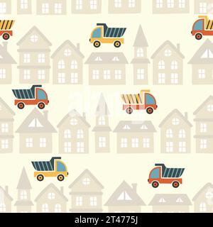 Seamless cartoon trucks and houses pattern. Vector childish illustration Stock Vector