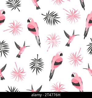 Seamless tropical pattern with watercolor birds and palm leaves. Vector parrots and hummingbirds illustration Stock Vector