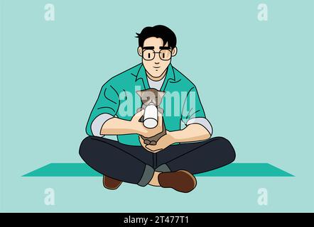 Person Raising, Fostering Orphaned baby Kitten, Sitting On Lap, Feeding with A Bottle of Milk For Healthy Nourishment Stock Vector