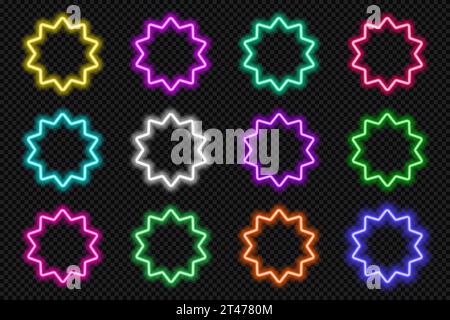 Neon round scallop border frames set. Glowing coloful flower button. Geometric shape action UI elements with copy space. Purple, blue, pink, yellow Stock Vector