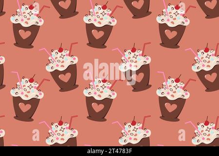 Seamless pattern of dessert in a cup with cocktail straw decoration and cream in trendy soft cream shades. EPS. Vector for print, textile or wrapping, poster, banner, brochure and other different uses Stock Vector